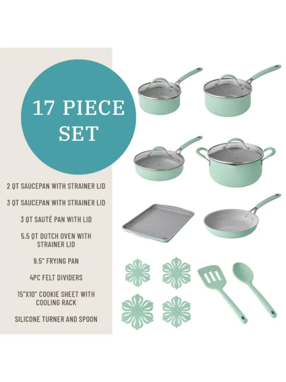 The Pioneer Woman Home Green Sutton 17-Piece Non-Stick Aluminum Cookware Set